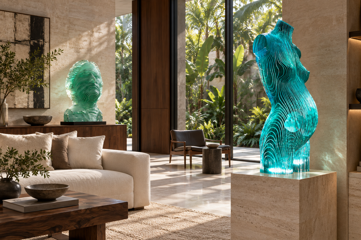 Glass torso and portrait sculptures in a warm contemporary living room