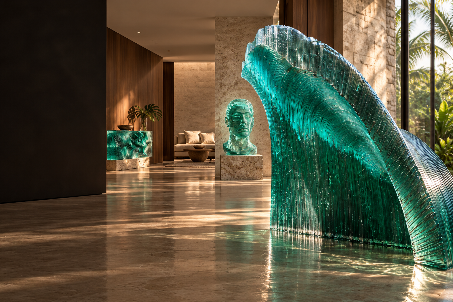 Concept interior featuring a turquoise glass wave sculpture